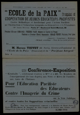 "Ecole de la paix" Conférence-Exposition Pour l'Education Pacifiste