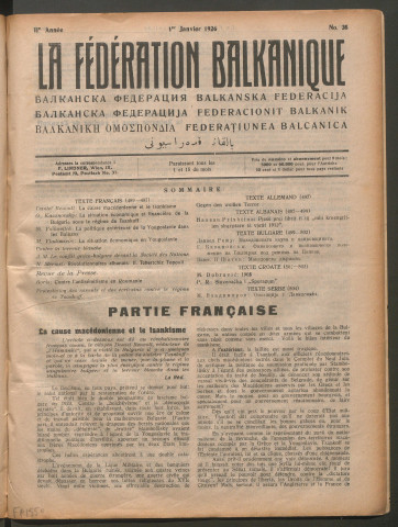 Janvier 1926 - La Fédération balkanique