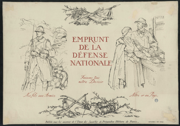 Emprunt de la Défense Nationale. Faisons tous notre devoir. Nos fils aux armées. Notre or au pays