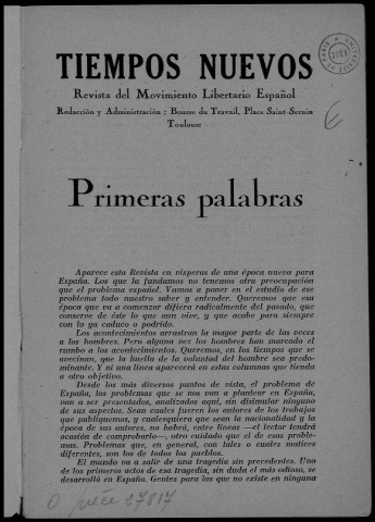 Tiempos nuevos (1945 : n°1). Sous-Titre : revista del Movimiento libertario español