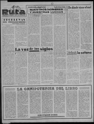 Ruta (1950 : n° 224-275). Sous-Titre : organo de la F.I.J.L. en Marsella. Bocas del Ródano [puis] organo de las JJ.LL. de Marsella y portavoz de la F.I.J.L. en Francia. [puis] organo regional de las JJ.LL. de Provenza y portavoz de la F.I.J.L. en francia [puis] boletín interior de la F.I.J.L. en Francia (No destinado a la venta pública) [puis] portavoz interior de la F.I.J.L. en Francia [puis] organo de la F.I.J.L. en Francia. Autre titre : Devient : Boletín interior de la F.I.J.L. en Francia puis Nueva Senda.