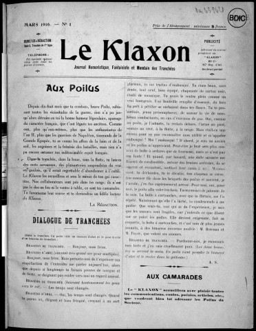 Le klaxon (1916-1917 : n°s 1-16), Sous-Titre : Journal humoristique, fantaisiste et mondain des tranchées