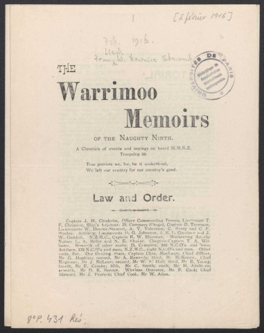 The Warrimoo Memoirs of the Naughty Ninth, a chronicle of events and sayings on board H.M.N.Z. Troopship 39