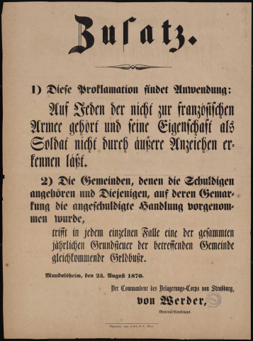 Auf jeden der nicht zur franzoesischen Armee gehört und seine Eigenschaft als Soldat nicht durch ansere Anzeichen erkennen laetzt