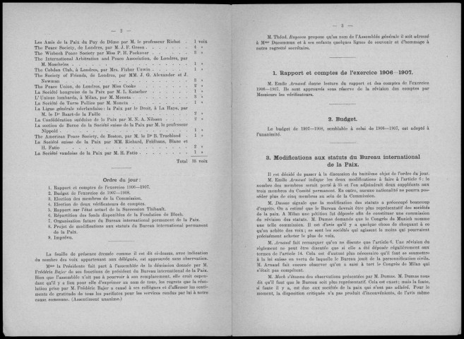 Bureau international permanent de la paix. Procès-verbal de la XVe Assemblée générale du mercredi 11 septembre 1907