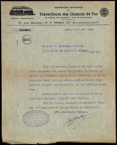 Correspondance générale. 8 juin 1921 au 3 novembre 1922Sous-Titre : Fusillés de la grande guerre. Campagne de réhabilitation de la Ligue des Droits de l'Homme