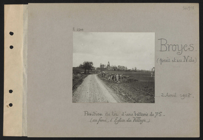 Broyes (près et au nord de). Position de tir d'une batterie de 75 (au fond, l'église du village)
