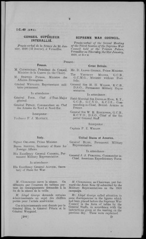 Troisième session du Conseil Supérieur de guerre à Versailles du 30 janvier au 2 février 1918. Sous-Titre : Conférences de la paix