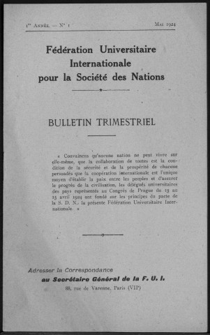 Fédération Universitaire Internationale pour la Société des Nations. 1924