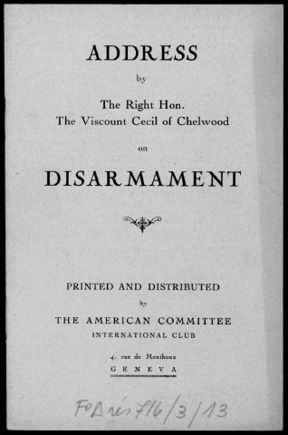 Address by the right Hon. the Viscount Cecil of Chelwood on Disarmament
