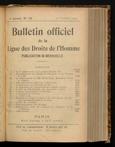 Octobre 1905 - Bulletin officiel de la Ligue des Droits de l'Homme