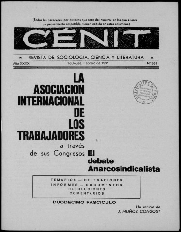 Cénit (1991 ; n° 261). Sous-Titre : Revista de sociología, ciencia y literatura