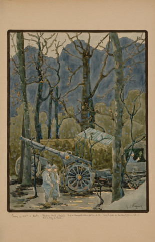 Canon de 155 L., à tracteur. Verdun, février 1916. Bois de Civey la Perche