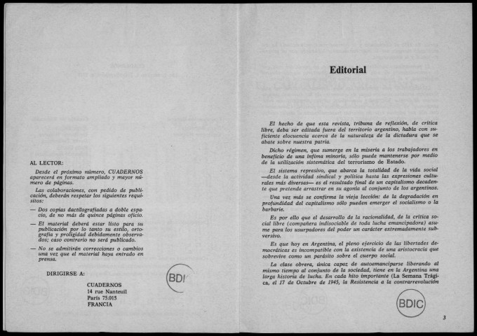 Cuadernos. Sous-Titre : Revista argentina de ciencias sociales. Autre titre : N° 1 - julio-septiembre 1979