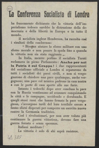 Guerre mondiale 1914-1918. Italie. Tracts de propagande patriotique