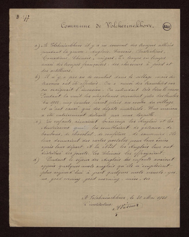 Volckerinckhove (59) : réponses au questionnaire sur le territoire occupé par les armées françaises et alliées