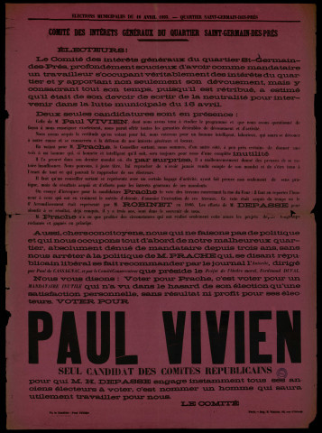Élections Municipales Quartier Saint-Germain-des-Prés : Comité des Intérêts Généraux Votez pour Paul Vivien
