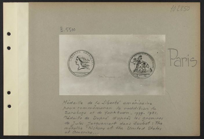 Paris. Médaille de la liberté américaine pour commémorer la réddition de Saratoga et de Yorktown. 1777-1781. Médaille de Dupré d'après les gravures de Jules Jacquemart dans Loubat : The metallic history of the United States of America