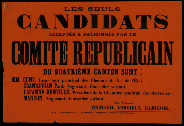 Candidats Patronnés par le Comité Républicain du quatrième canton