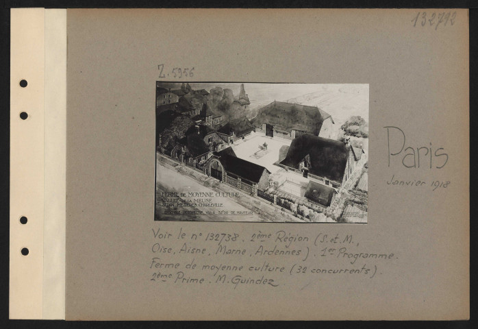 Paris. Musée des arts décoratifs. Exposition des projets d'architecture primés au concours pour la reconstruction des habitations rurales dans les départements envahis. Deuxième région (Seine et Marne, Oise, Aisne, Marne, Ardennes). Premier programme. Ferme de moyenne culture (32 concurrents). Deuxième prime. M. Guindez