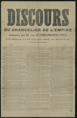 Discours du chancellier de l'empire prononcé par M. von Bethmann-Hollweg à la séance du 27 février 1917, au Reichstag