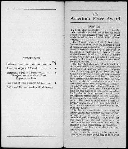 The winning plan selected by the jury of the American Peace Award. Sous-Titre : offered by Edward W. Bok for the best pacticable plan by which the United States may cooperate with other nations to achieve and preserve the peace of the world is hereby submitted to the vote of the American people