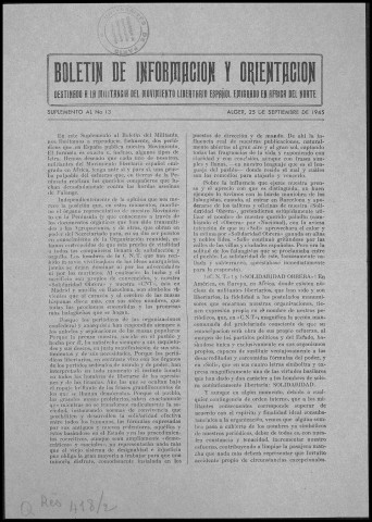 Boletín de información y orientación (1945 : Suppl. au n° 13). Sous-Titre : [suplemento] destinado a la militancia del MLE en Africa del Norte