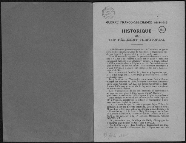Historique du 118ème régiment territorial d'infanterie