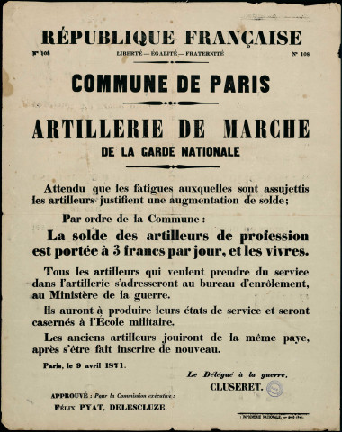 N°108. La solde des artilleurs de profession est portée à 3 francs par jours, et les vivres