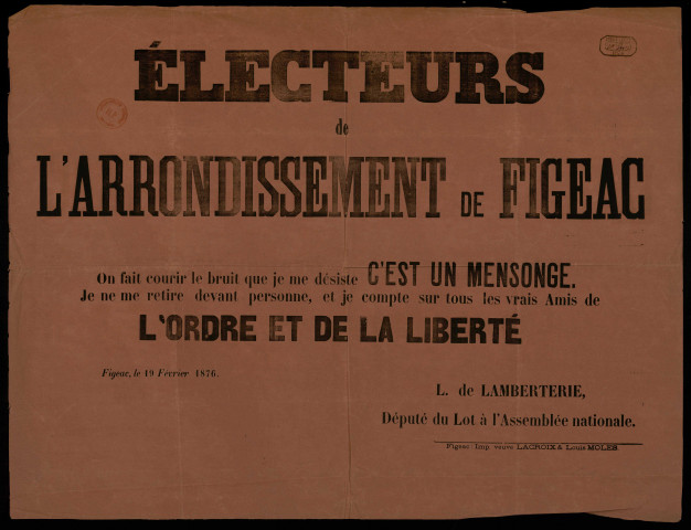 Electeurs de l'arrondissement de Figeac : L. de Lamberterie