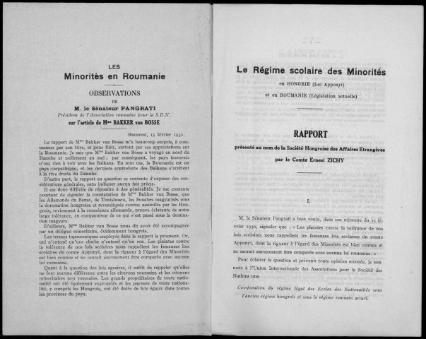 Les minorités en Roumanie. Sous-Titre : Le régime scolaire des minorités en Hongrie et en Roumanie