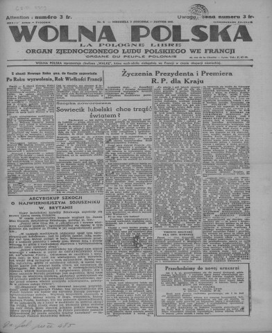Wolna Polska (1945; n°1-13)  Sous-Titre : Organ zjednaczonego ludu polskiego we Francji  Autre titre : La Pologne Libre - Organe du peuple polonais