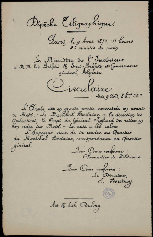 Circulaire : l'armée est… concentrée en avant de Metz…