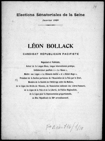 Léon Bollack candidat républicain pacifiste. Sous-Titre : Elections sénatoriales de la Seine janvier 1909