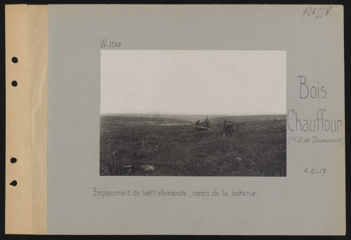 Bois Chauffour (nord-ouest de Douaumont). Emplacement de batterie allemande, restes de la batterie