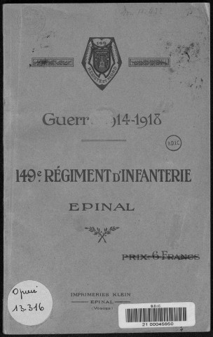 Historique du 149ème régiment d'infanterie