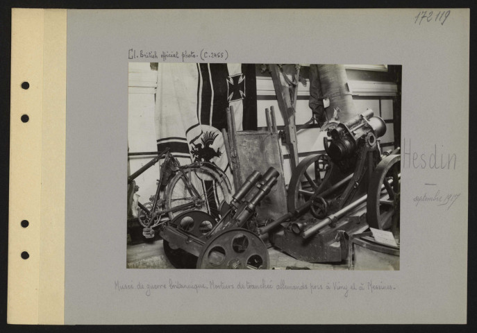 Hesdin. Musée de guerre britannique. Mortiers de tranchée allemands pris à Vimy et à Messines