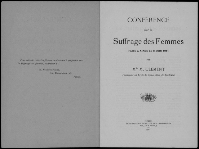 Conférence sur le suffrage des femmes. Sous-Titre : Faite à Nimes le 2 juin 1911