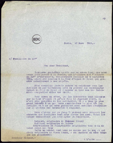 Correspondances et préparation du procès. 26 mars 1926 au 16 décembre 1926Sous-Titre : Fusillés de la grande guerre. Campagne de réhabilitation de la Ligue des Droits de l'Homme