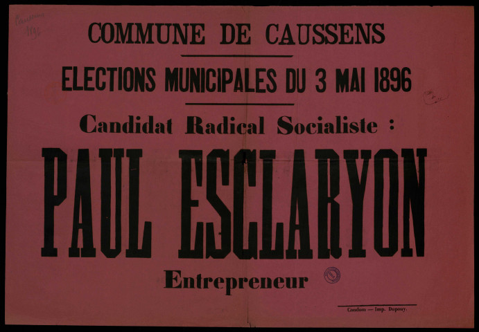 Elections Municipales : Candidat Radical Socialiste Paul Esclaryon