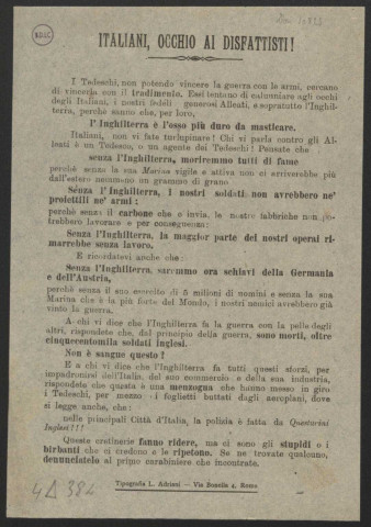 Guerre mondiale 1914-1918. Italie. Tracts de propagande patriotique. Défaitisme