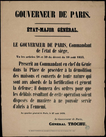 Le gouverneur de Paris… prescrit… La démolition des maisons et couverts…