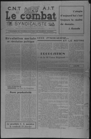 Le Combat syndicaliste (1953 : n° 98-115). Sous-Titre : organe officiel de la Confédération nationale du travail, Section française de l'Association internationale des travailleurs. Autre titre : suite de : Action syndicale Titre parallèle : Combate sindicalisto