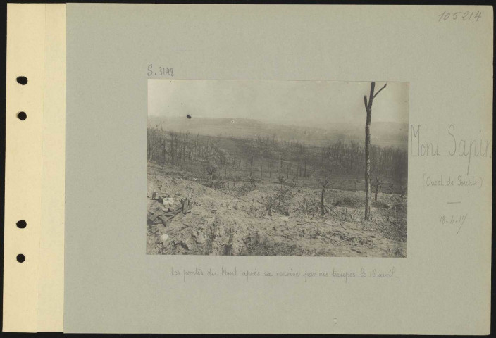Mont Sapin (ouest de Soupir). Les pentes du Mont après sa reprise par nos troupes le 16 avril