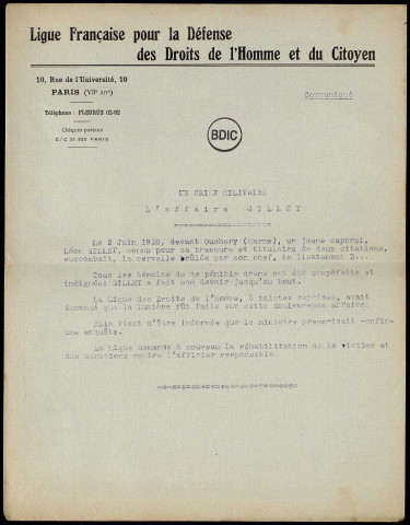 Documents de travail liés à la campagne de la Ligue. 26 juin 1922 au 29 mars 1923Sous-Titre : Fusillés de la grande guerre. Campagne de réhabilitation de la Ligue des Droits de l'Homme