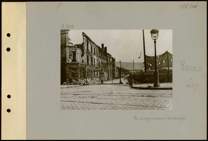 Reims. Rue Lesage ; maisons bombardées