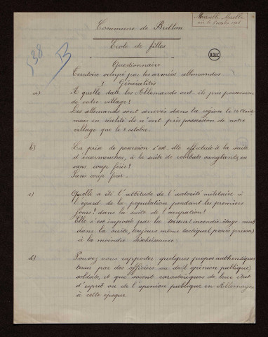 Brillon (59) : réponses au questionnaire sur le territoire occupé par les armées allemandes