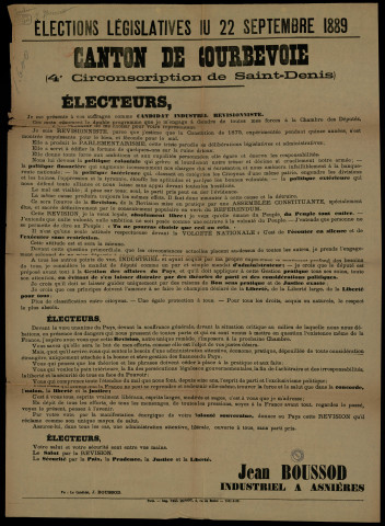 Élections Législatives Canton de Courbevoie : Candidat Industriel Révisionniste Jean Boussod