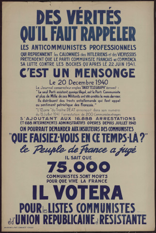 Des vérités qu'il faut rappeler : les anti communistes professionnels… c'est un mensonge… Le peuple... sait que 75000 communistes sont morts pour que vive la France…