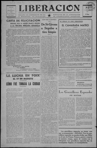 Liberación (1944 : n° 2). Sous-Titre : organo de expresión de la 3a Brigada, 26a División, portavoz de la Agrupación de guerilleros españoles